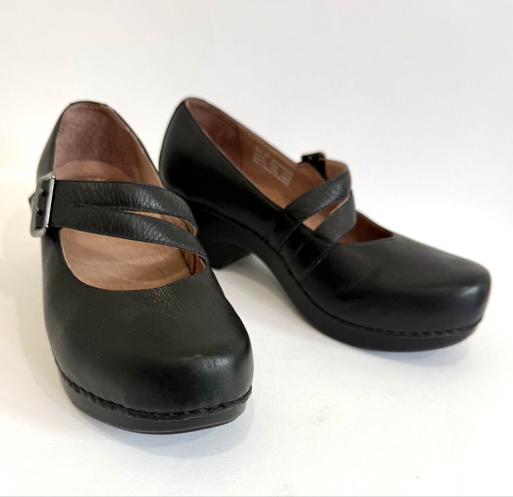 Dansko Black Leather Mary Jane Clog Comfort Walking Shoes Velcro Buckle EU 37